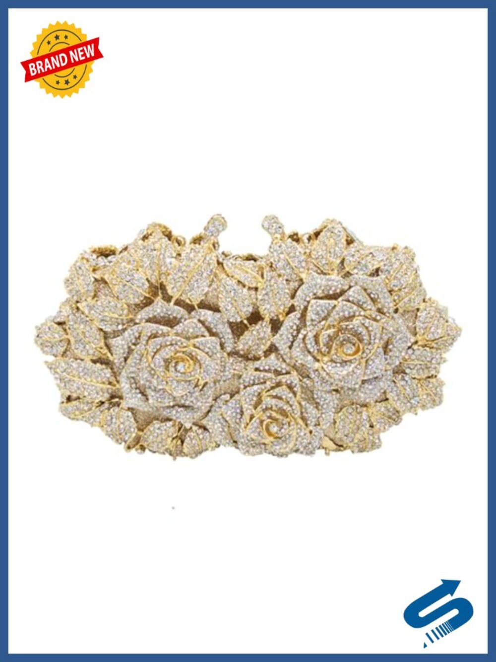 Rhinestone Rose Flower Evening Clutch Sparkly Formal Purse with Chain